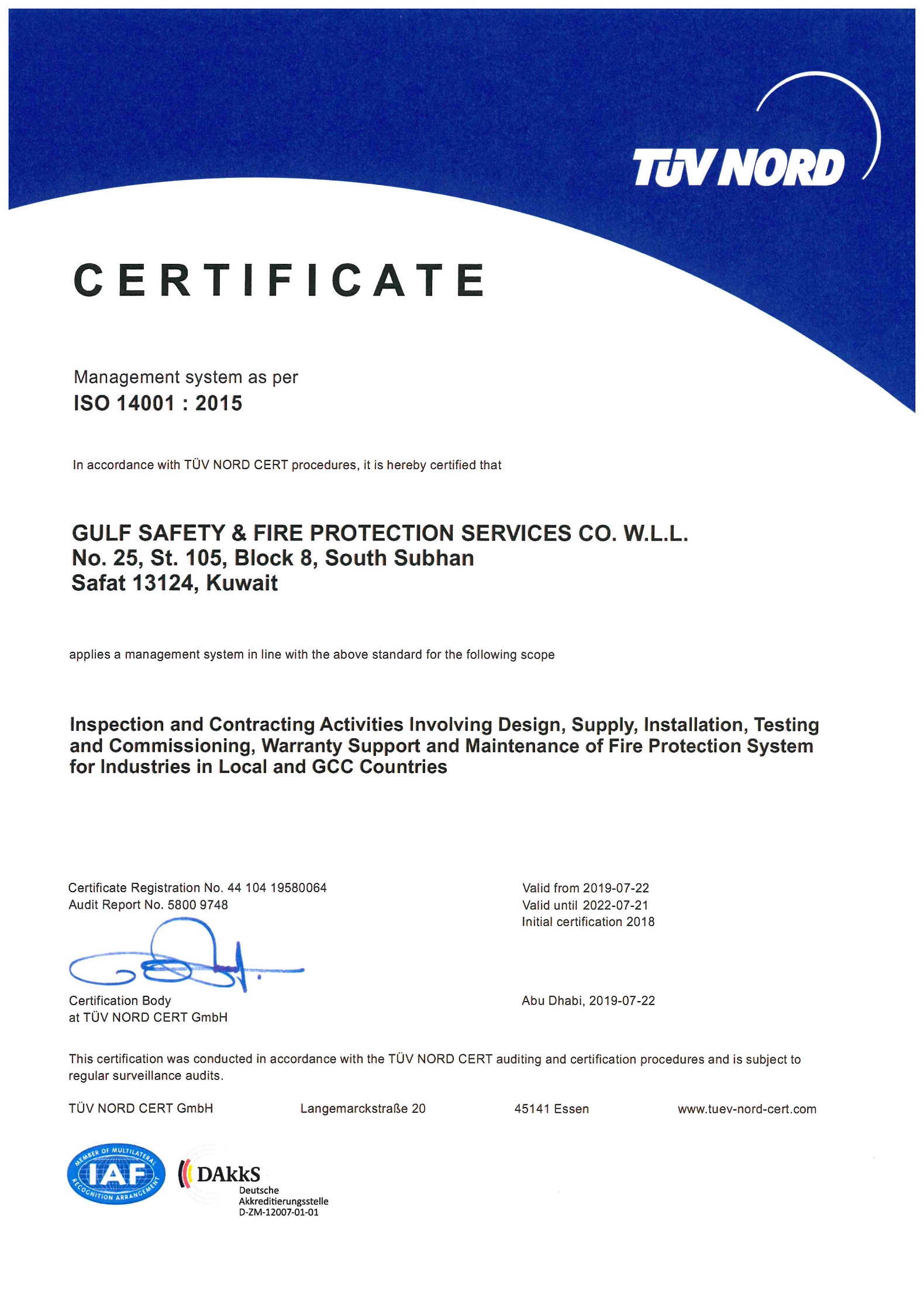 ISO 14001:2015 certificate issued to Gulf Safety & Fire Protection Services Co. W.L.L. by TUV NORD CERT