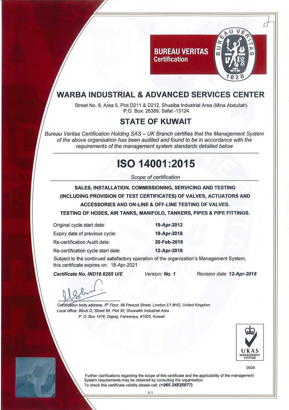 Bureau Veritas ISO 14001:2015 certificate issued to Warba Industrial & Advanced Services Center, expiring 18 April 2021