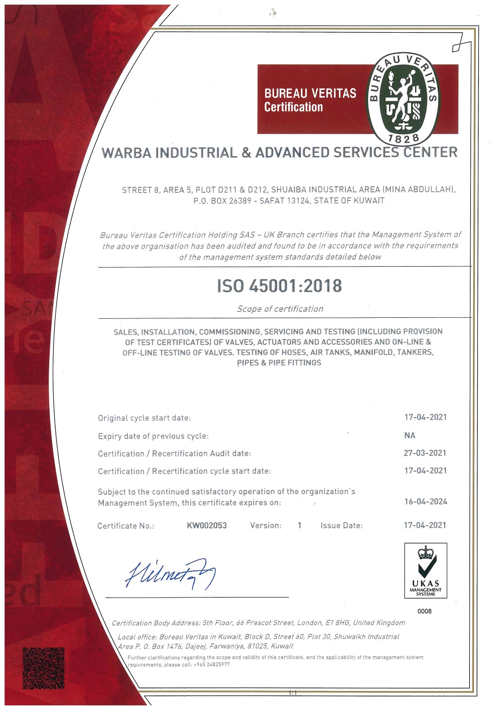 Bureau Veritas ISO 45001:2018 certificate issued to Warba Industrial & Advanced Services Center, expiring 16 April 2024