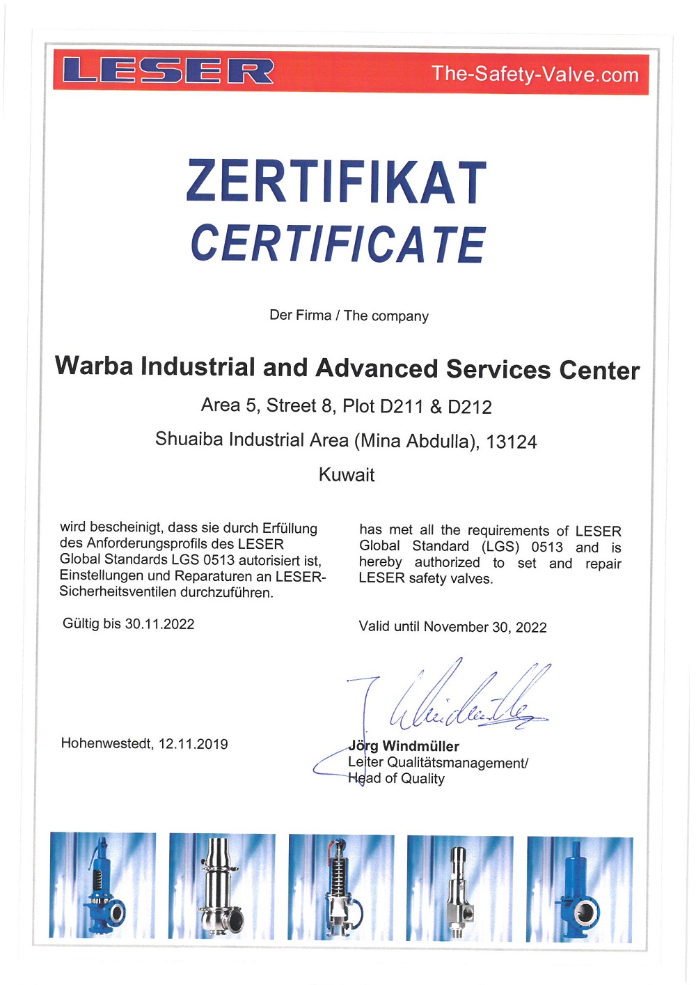 LESER certificate authorising Warba Industrial and Advanced Services Center to set and repair LESER safety valves, valid until 30 November 2022