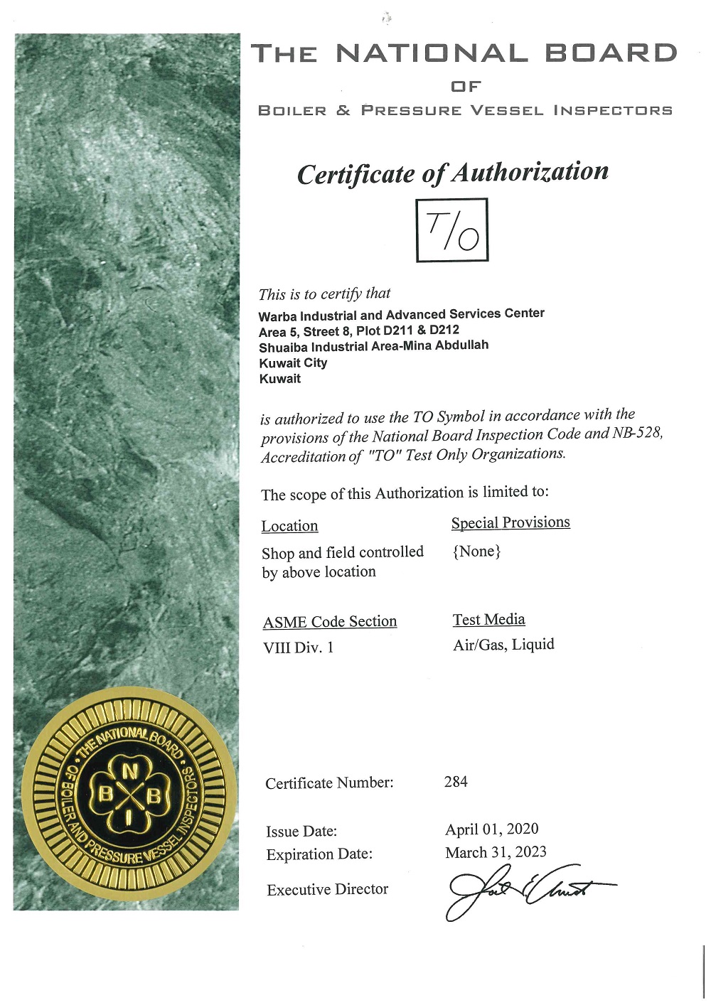 National Board of Boiler and Pressure Vessel Inspectors Certificate of Authorization No. 284 for the TO Test Only symbol, expiring 31 March 2023