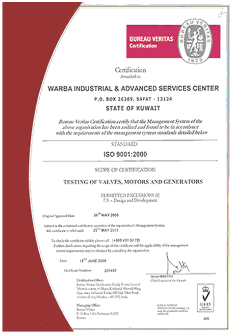 Bureau Veritas ISO 9001:2000 certificate issued to Warba Industrial & Advanced Services Center, valid until 25 May 2011